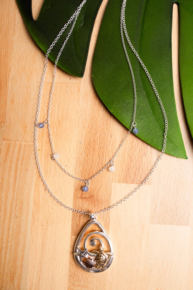 On Sale! Tri - Tone Gold and Copper Open Teardrop Sea Life Swirl Layered Necklace