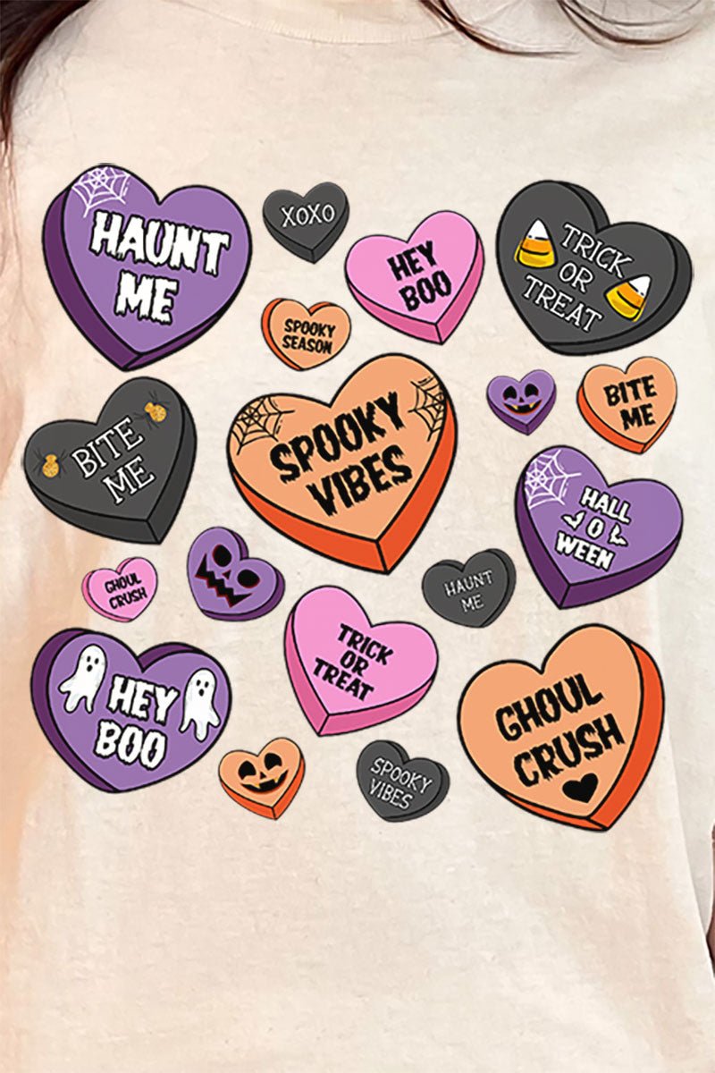 Halloween Themed Candy Hearts Design Short Sleeve Casual Unisex Relaxed Fit Cotton T-Shirt