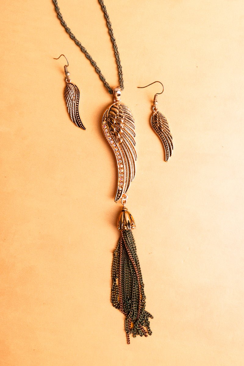 On Sale! Fashionable Multi - Tone Crystal - Accented Wing and Tassel Pendant Necklace and Earring Jewelry Set