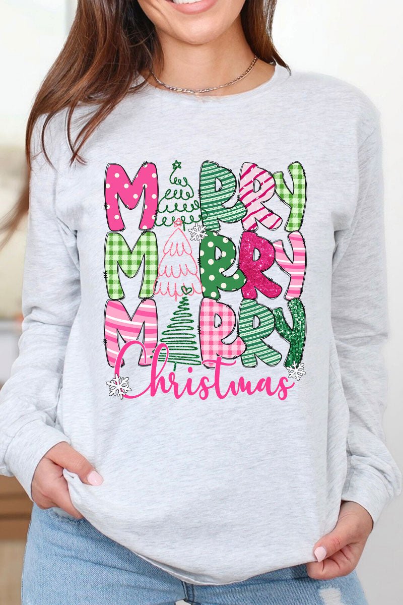 Adult Heavy Cotton Long Sleeve T-Shirt in Merry Green and Pink Christmas Design
