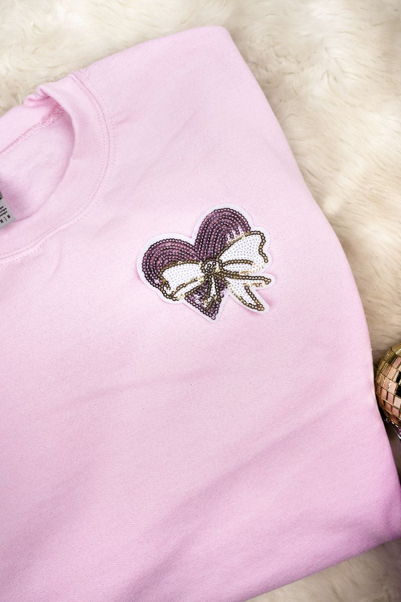 Unisex Sequin Heart Bow Patch NuBlend Cozy Crew Sweatshirt