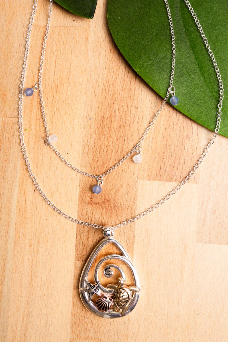 On Sale! Tri - Tone Gold and Copper Open Teardrop Sea Life Swirl Layered Necklace