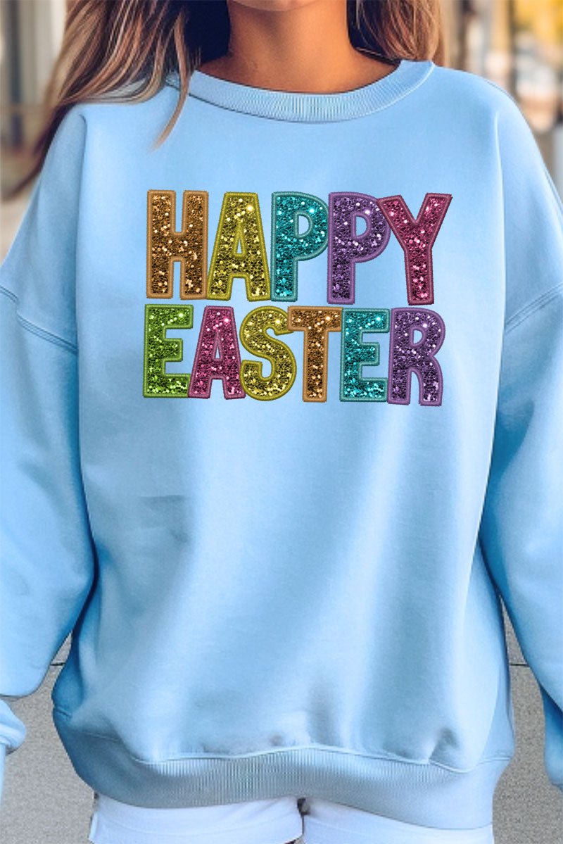 Happy Easter Faux Sequin Transfer Unisex NuBlend Crew Style Sweatshirt for Casual Wear