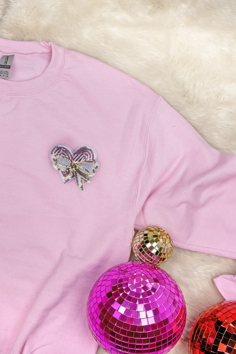Unisex Sequin Heart Bow Patch NuBlend Cozy Crew Sweatshirt