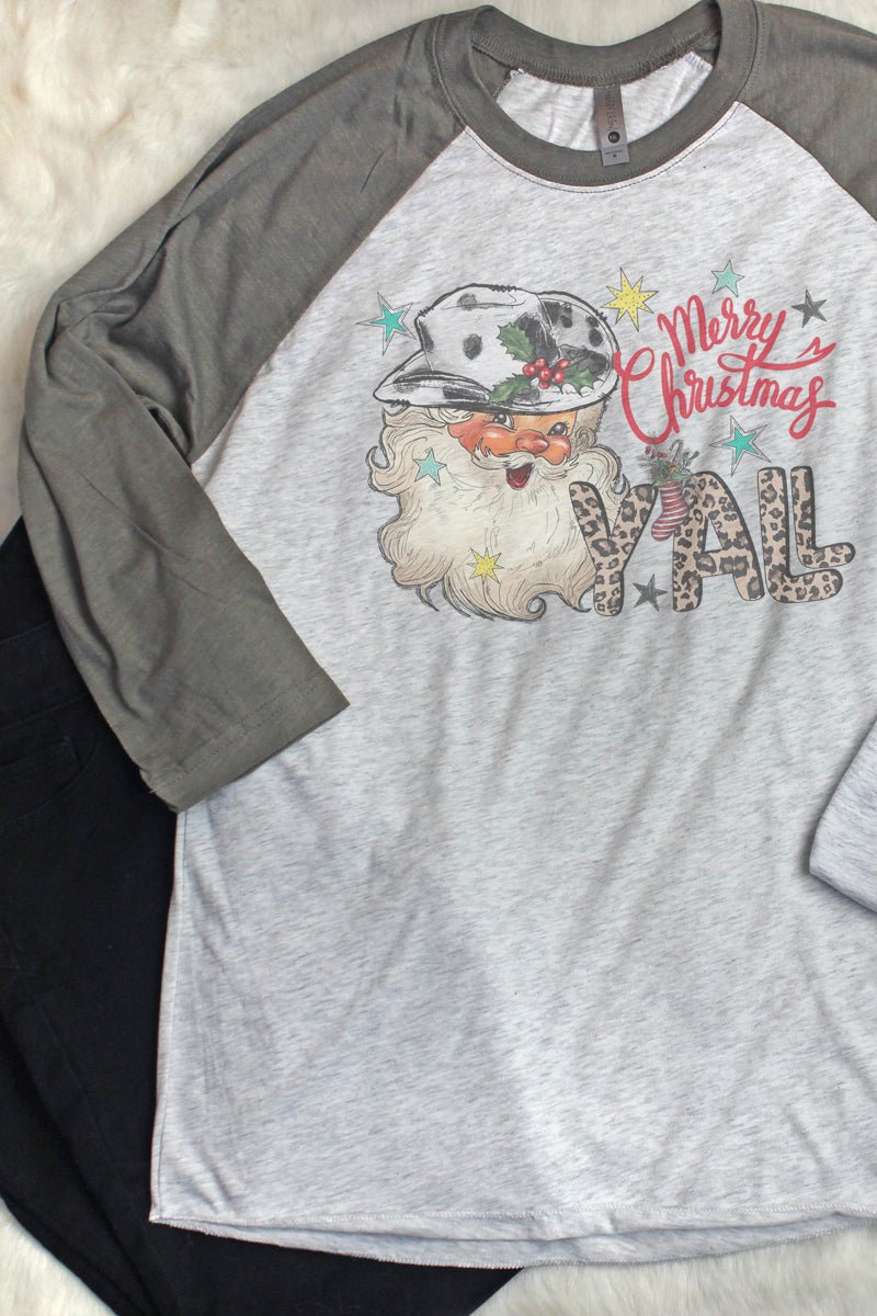 Unisex Santa Merry Christmas Y'all 3/4 Raglan Tri - Blend Graphic T - Shirt