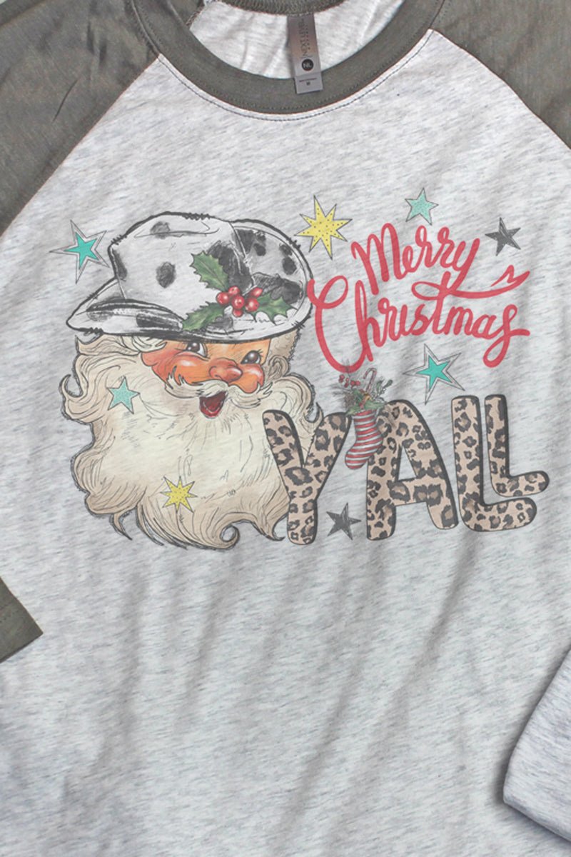 Unisex Santa Merry Christmas Y'all 3/4 Raglan Tri - Blend Graphic T - Shirt