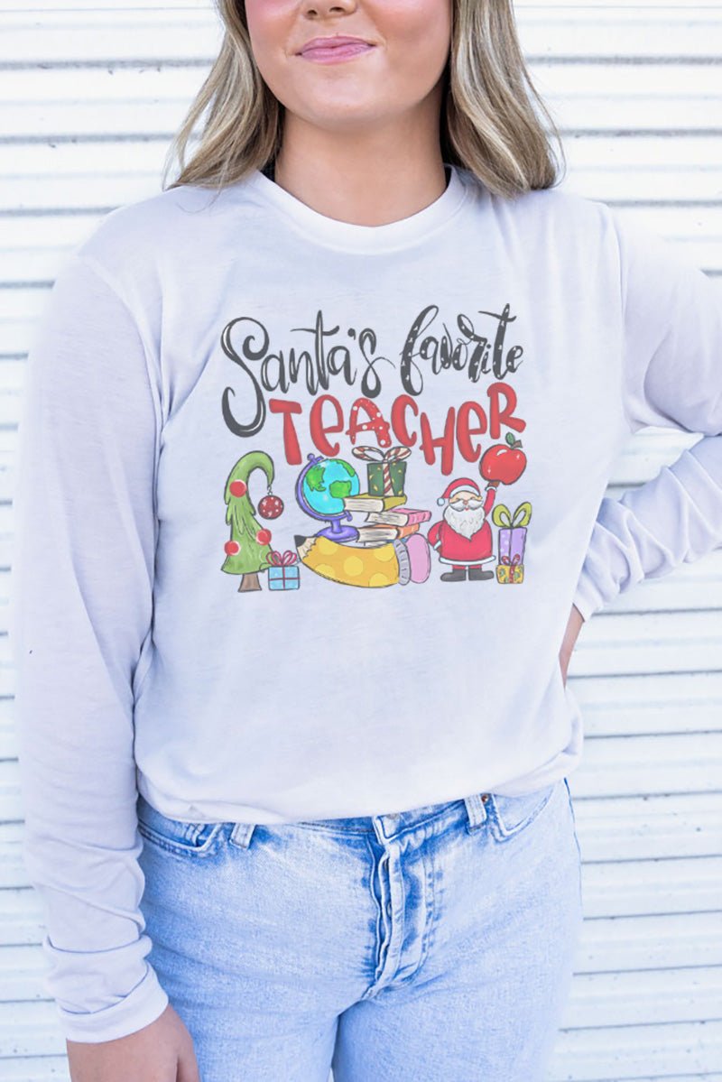 Adult Soft-Tek Blend Long Sleeve Graphic Tee - Santa's Fav for Teachers