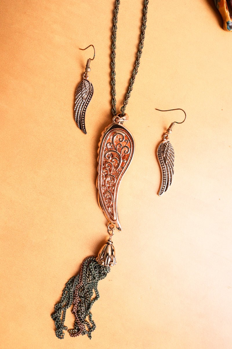 On Sale! Fashionable Multi - Tone Crystal - Accented Wing and Tassel Pendant Necklace and Earring Jewelry Set