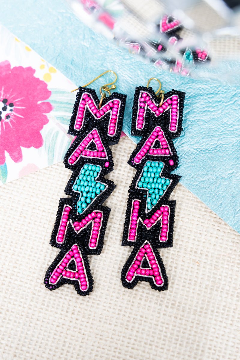 Stylish Mama Bolt Earrings Made of Fuchsia and Turquoise Seed Beads