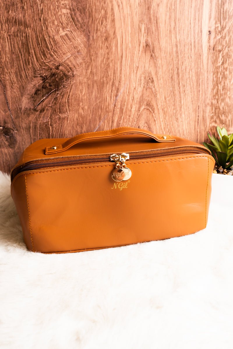 Morning-Ready Expandable Large Brown Cosmetic Bag for Women's Makeup Storage