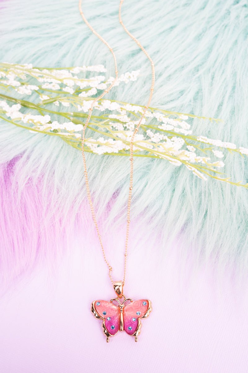 Pink Butterfly Goldtone Crystal Necklace with Springtime Charm