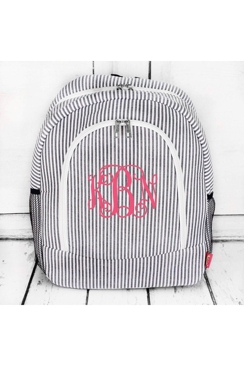 Navy Blue Striped Seersucker Style Large-sized Backpack for School and Travel