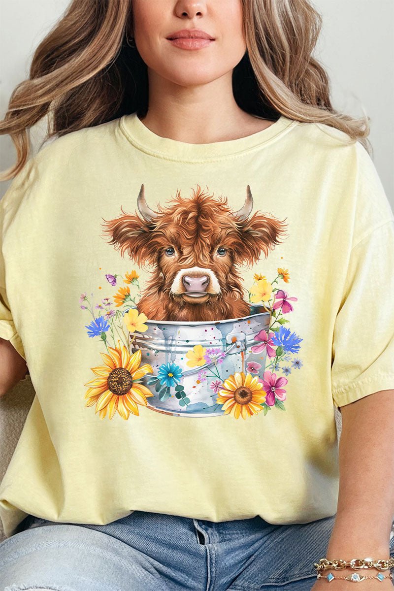 Springtime Comfortable Adult Ring-Spun Cotton Graphic Tee Featuring Highland Cow Design
