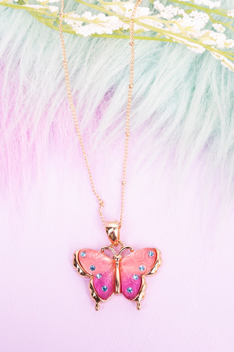 Pink Butterfly Goldtone Crystal Necklace with Springtime Charm