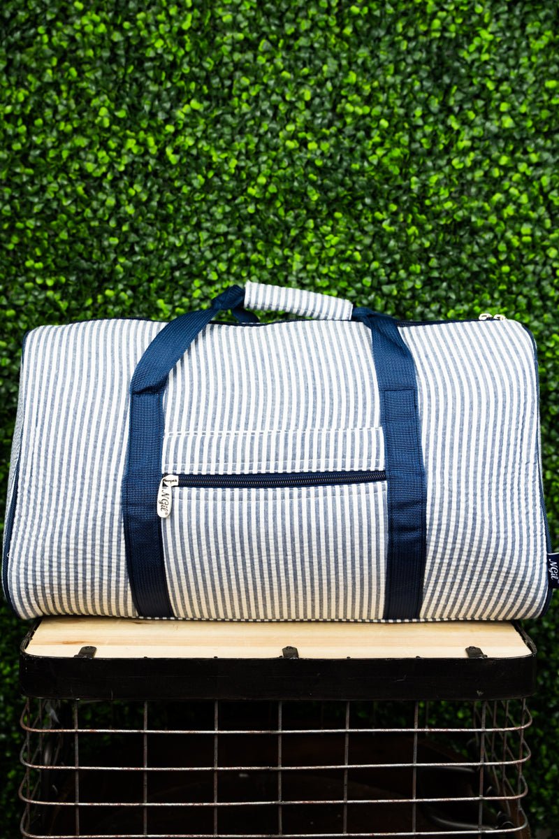 Navy Blue Striped Seersucker Quilted Travel Duffle Bag with 18 - Inch Width
