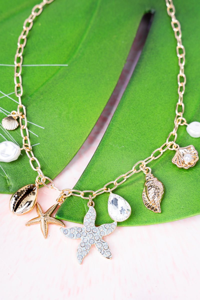 Gorgeous Goldtone Crystal - Accented Beach Boardwalk Charm Necklace for Women's Fashion