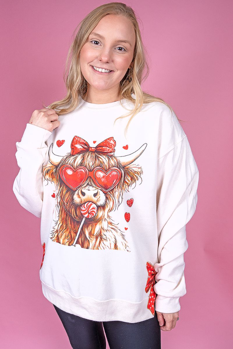 Unisex NuBlend Crew Sweatshirt with Side Bows Sucker Design Inspired by Love Highland Cow