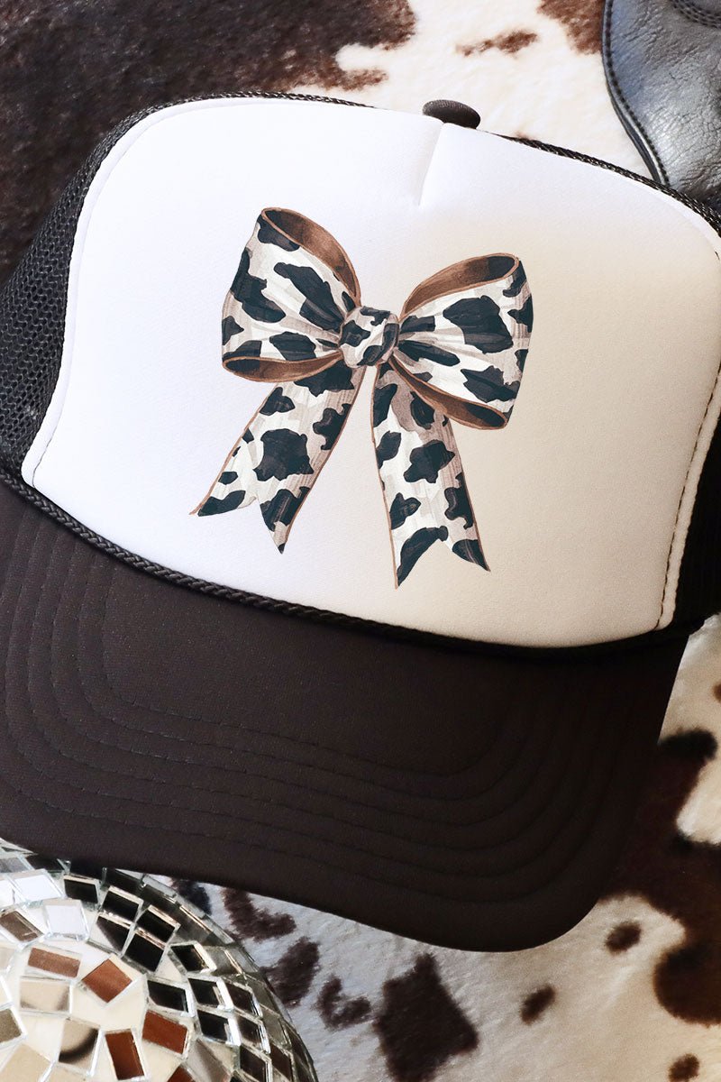 Otto Black Cow Print Coquette Bow Trucker Hat with White Foam Front