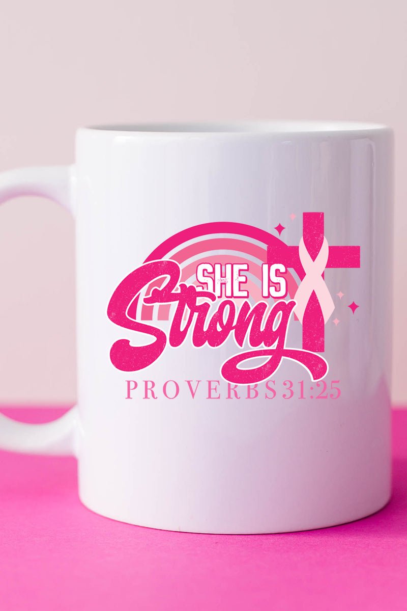 Stylish Pink Ribbon Decorated White Ceramic Mug for Women Who Are Strong