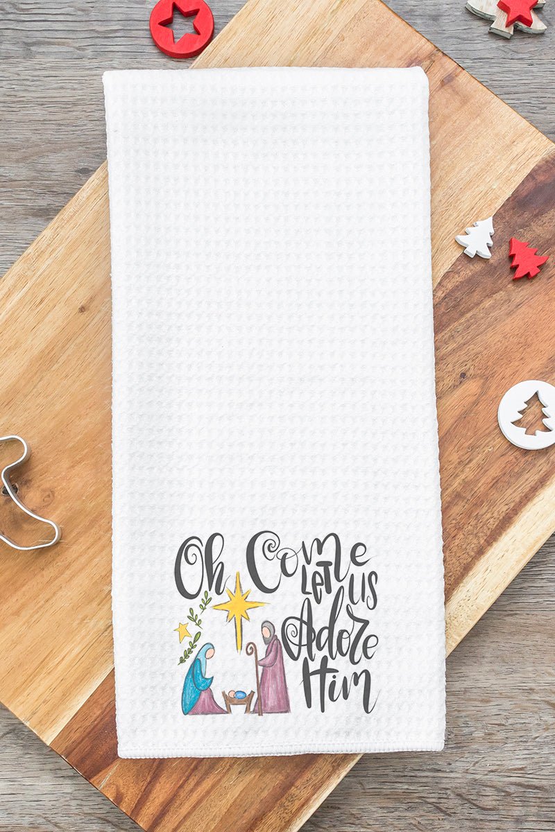 Charming 'Oh Come Let Us Adore Him' Waffle Patterned Kitchen and Bathroom Tea Towel