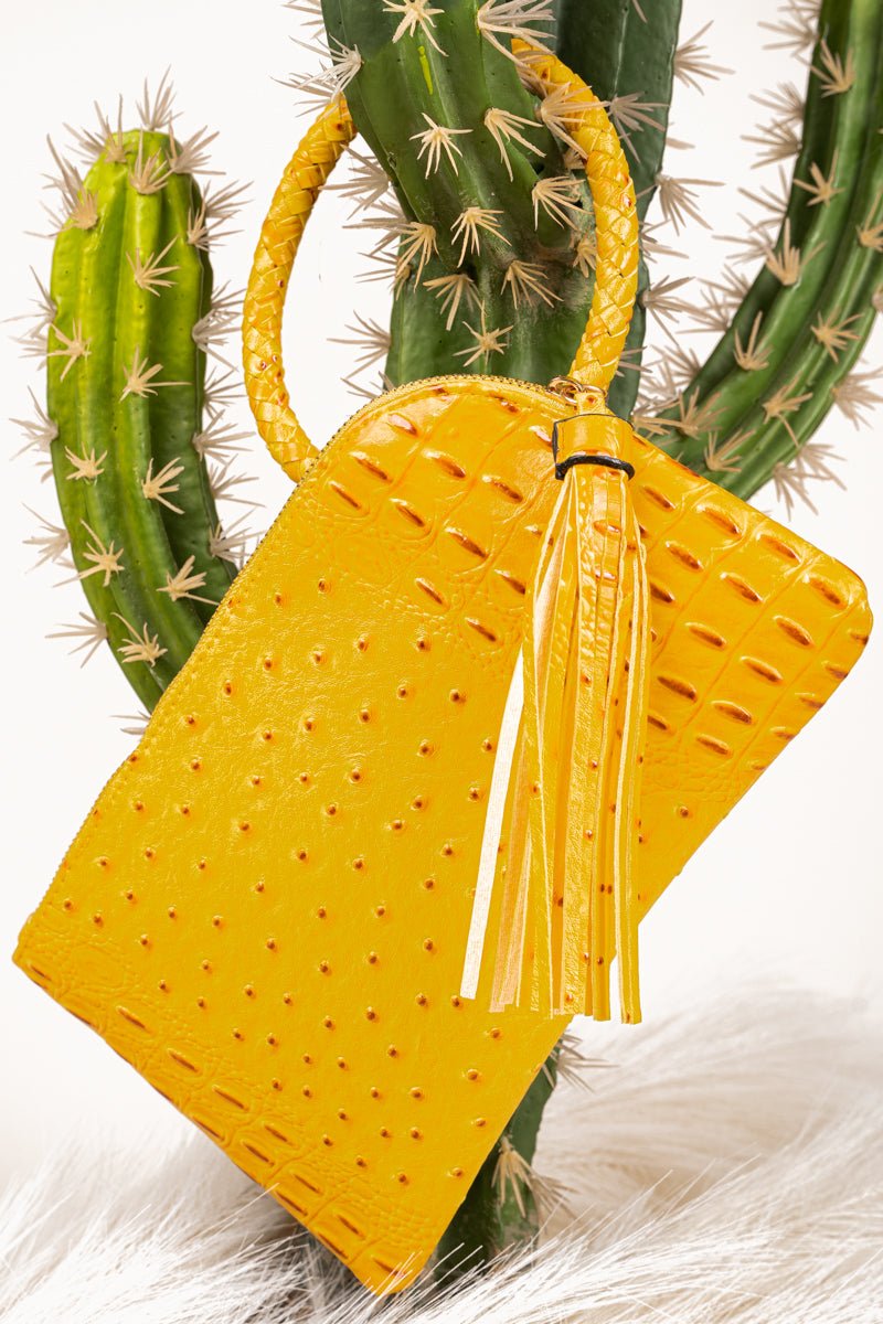 NGIL Fashionable Mustard-Colored Faux Ostrich Leather Bangle-Designed Clutch Handbag
