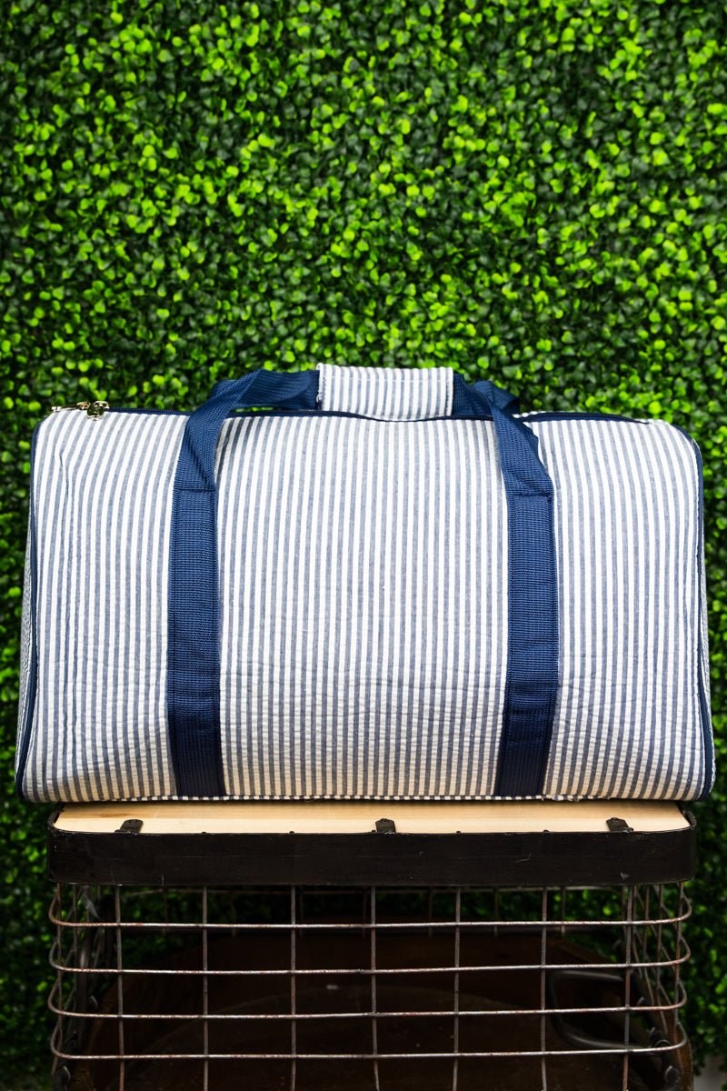 Navy Blue Striped Seersucker Quilted Travel Duffle Bag with 18 - Inch Width