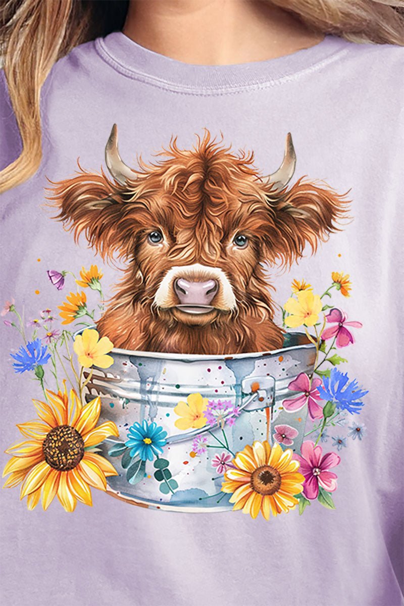 Springtime Comfortable Adult Ring-Spun Cotton Graphic Tee Featuring Highland Cow Design