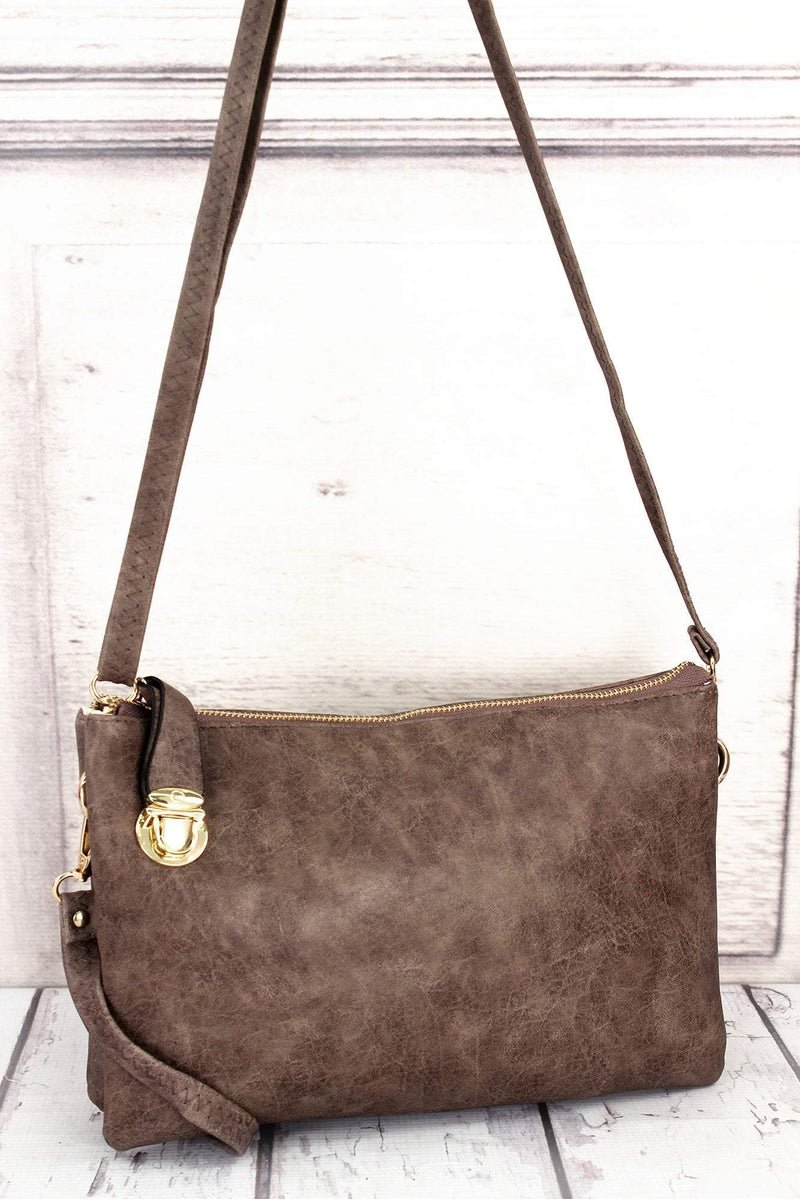 Stylish NGIL Taupe Brown Faux Leather Crossbody Clutch with Buckle Lock for Fashionable Women