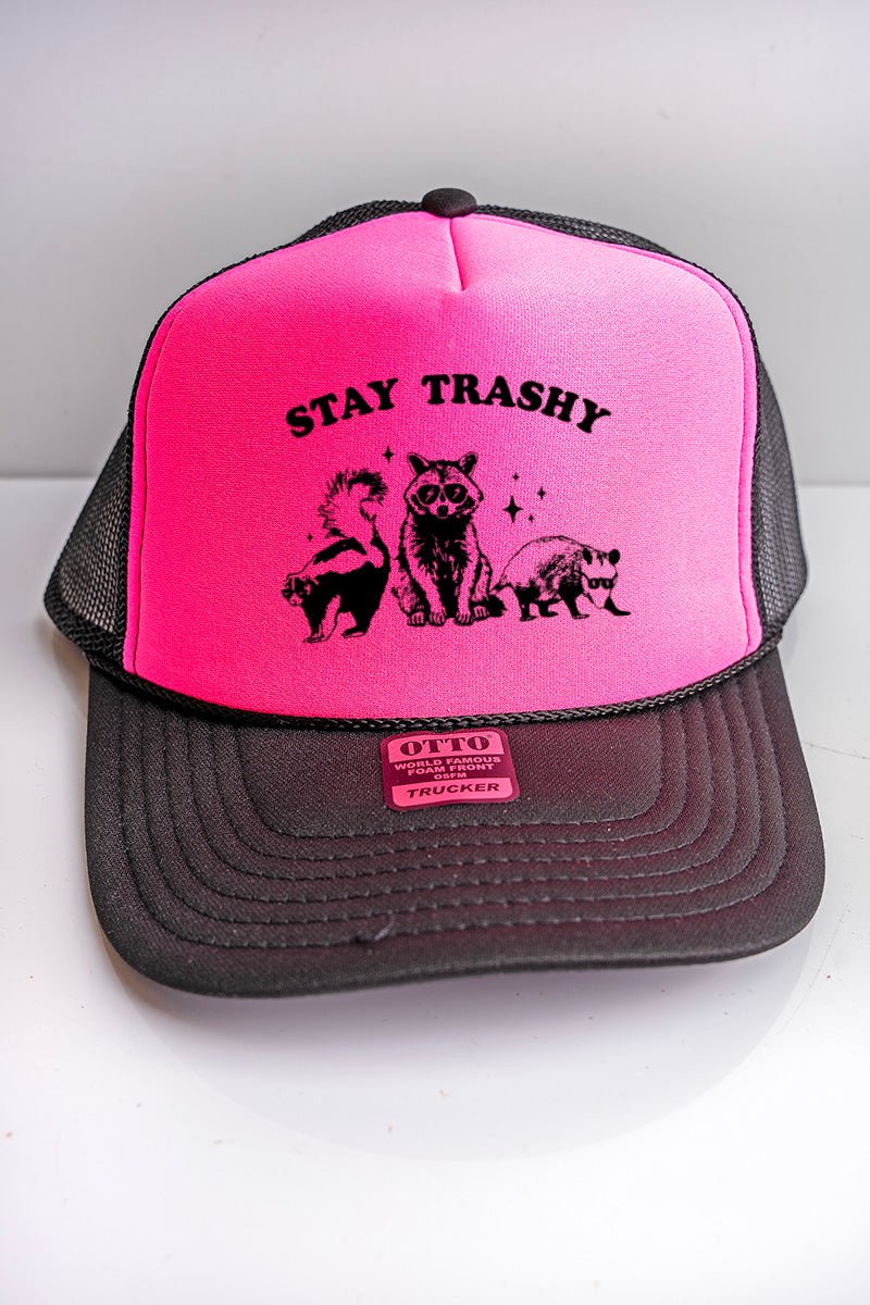 Stay Trashy Otto Men's Trucker Hat in Black Color with Neon Pink Foam Front Design