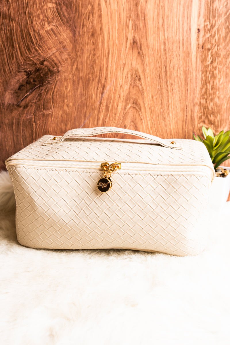 Large Expandable Woven Cream Cosmetic Bag for Morning Readiness by NGIL