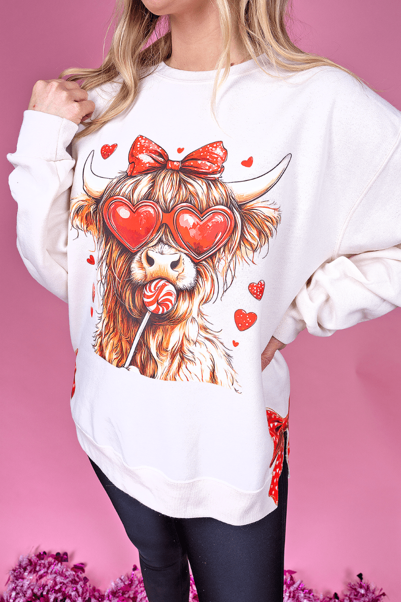 Unisex NuBlend Crew Sweatshirt with Side Bows Sucker Design Inspired by Love Highland Cow
