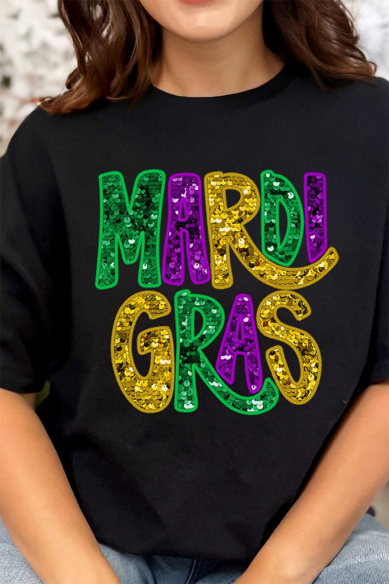 Festive Mardi Gras Doodle Style Faux Glitter Short-Sleeved Unisex Relaxed Fit Cotton T-Shirt