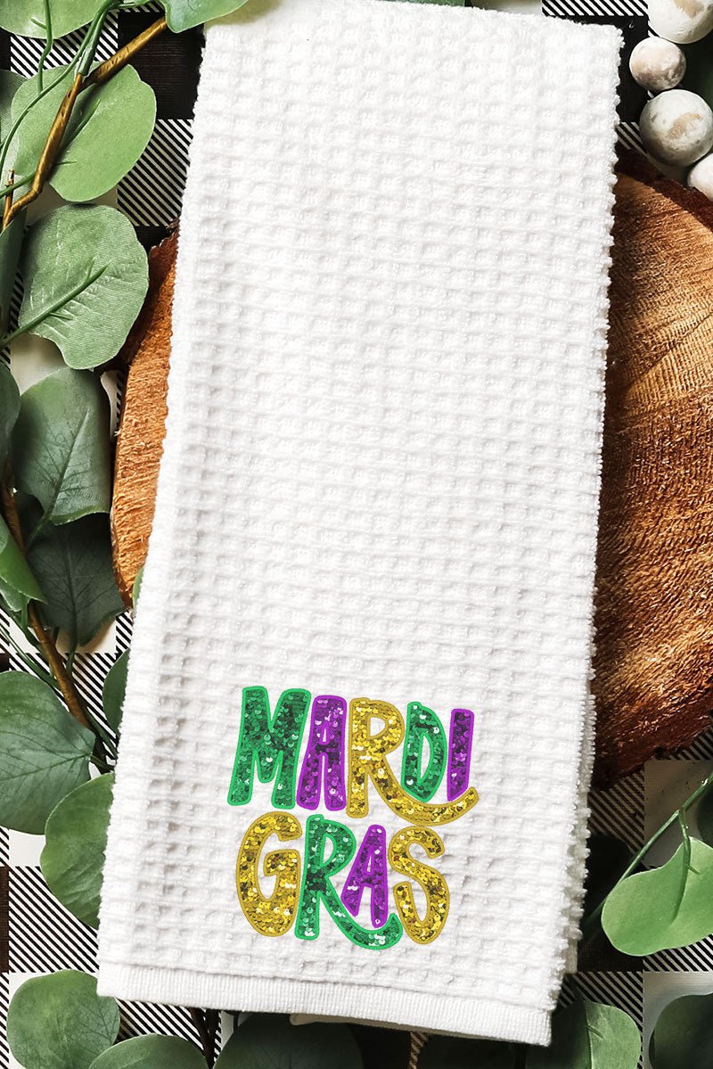 Mardi Gras Doodle Faux Glitter Design Waffle Pattern Kitchen and Bathroom Tea Towel