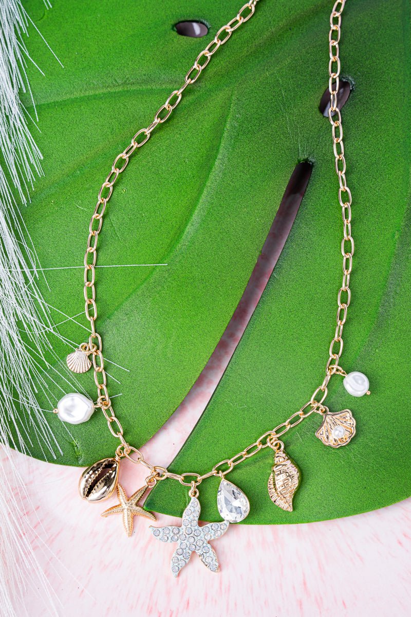 Gorgeous Goldtone Crystal - Accented Beach Boardwalk Charm Necklace for Women's Fashion