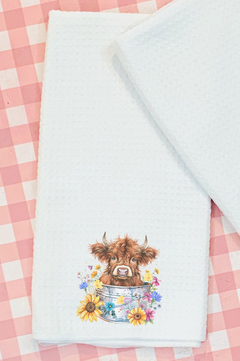 Spring-themed Highland Cow Waffle-style Kitchen and Bathroom Tea Towel