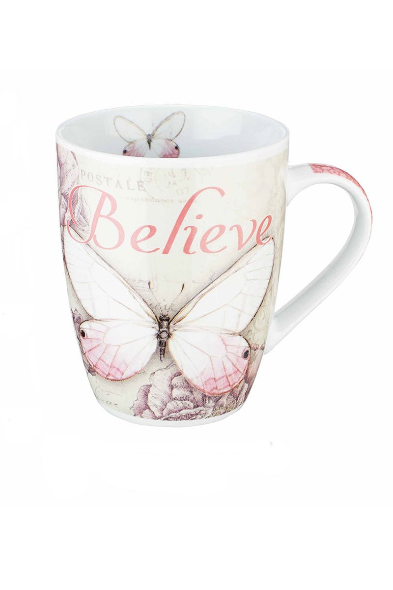 Inspirational Pink Butterfly Ceramic Mug with Mark 9:23 'Believe' Verse