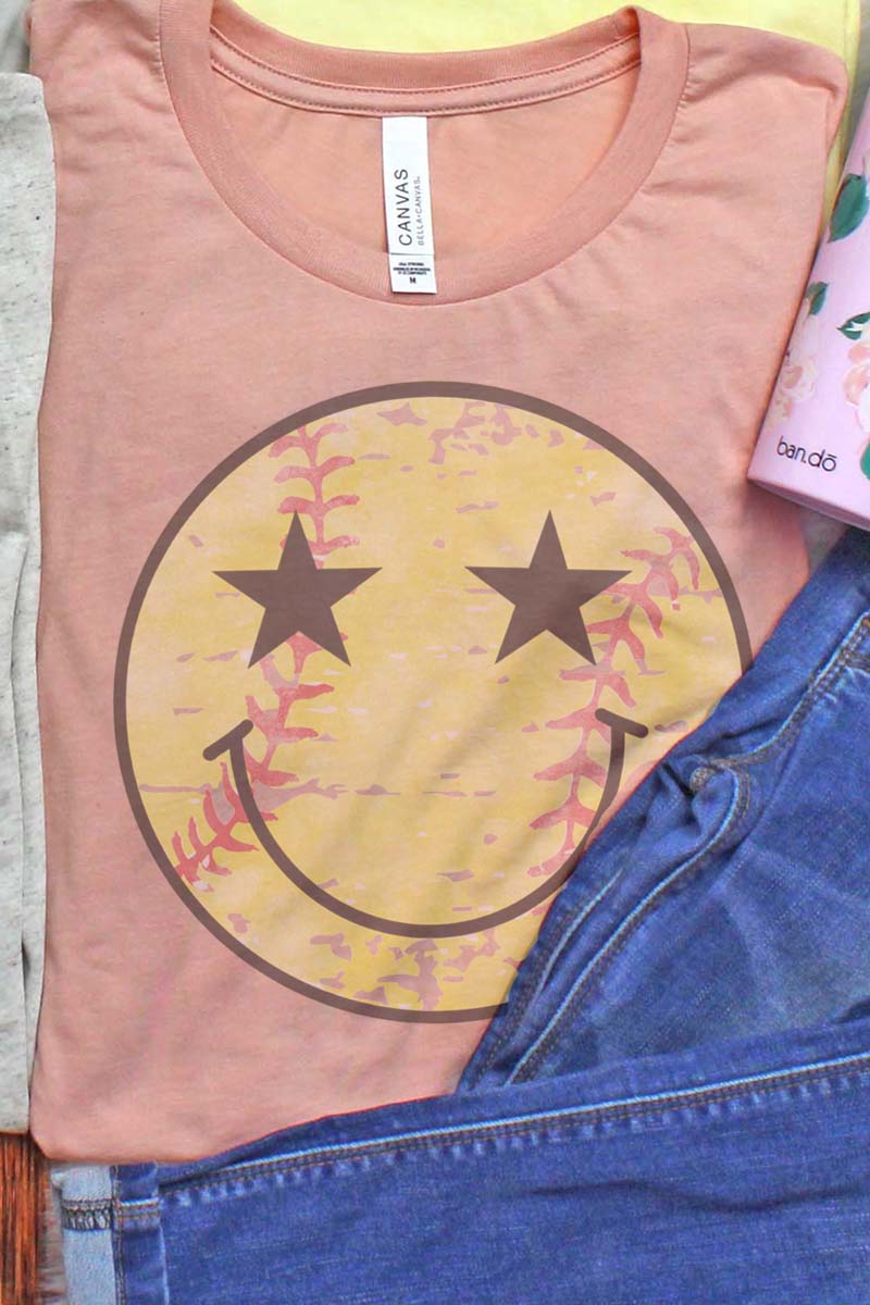 Vintage-style Softball Happy Face Short Sleeve Unisex Tee