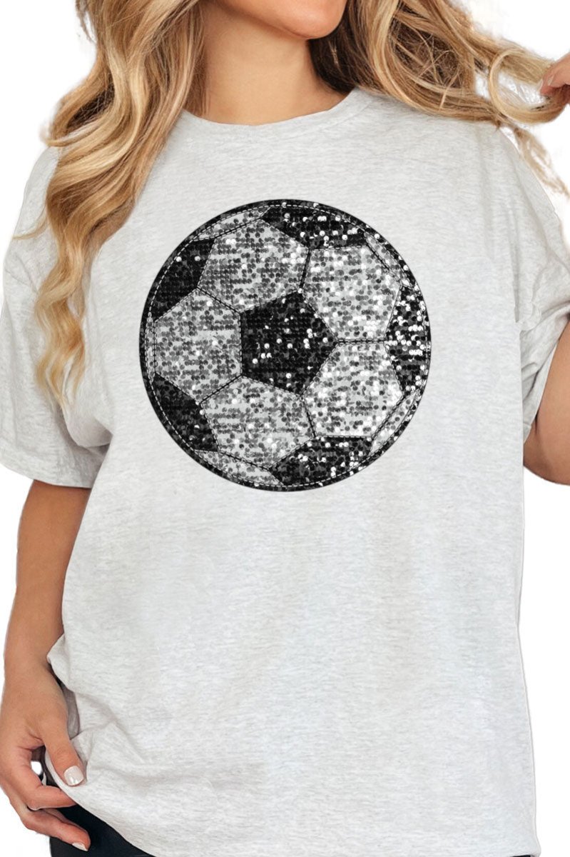 Unisex Relaxed Short Sleeve Soccer Faux Sequin Heat Transfer T-Shirt
