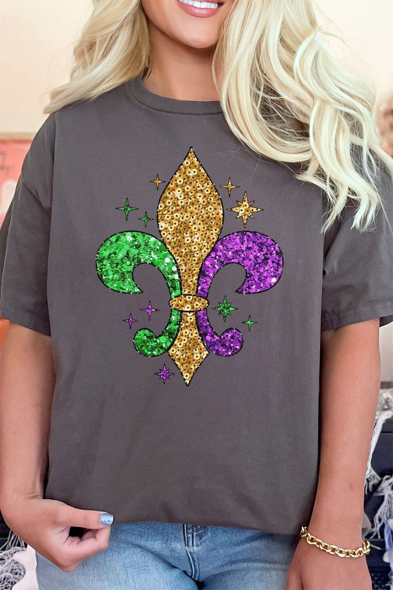 Mardi Gras Festival Fleur De Lis Artificial Sequin Heat Transfer Design Short Sleeve Comfortable Relaxed Fit Unisex T-Shirt