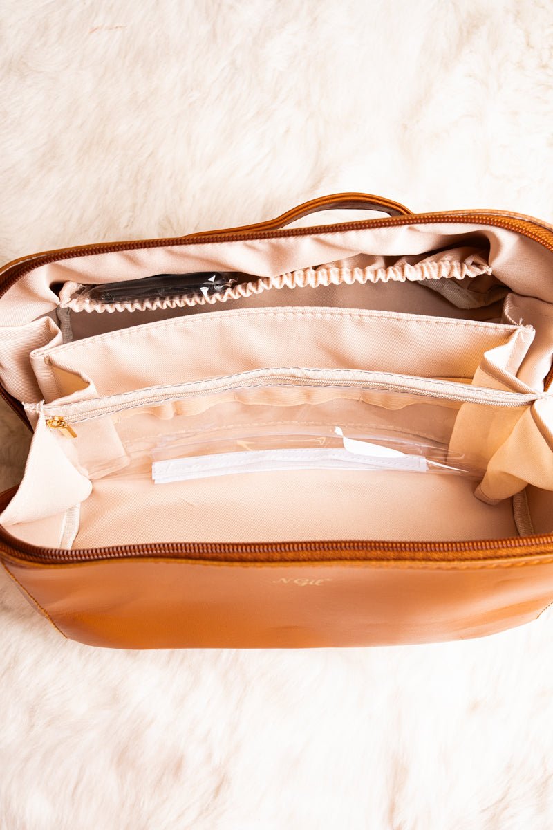 Morning-Ready Expandable Large Brown Cosmetic Bag for Women's Makeup Storage