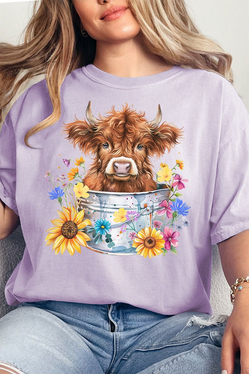 Springtime Comfortable Adult Ring-Spun Cotton Graphic Tee Featuring Highland Cow Design