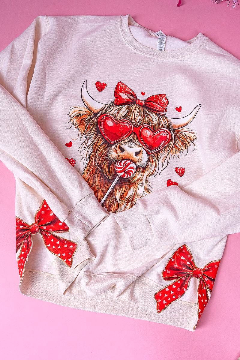Unisex NuBlend Crew Sweatshirt with Side Bows Sucker Design Inspired by Love Highland Cow