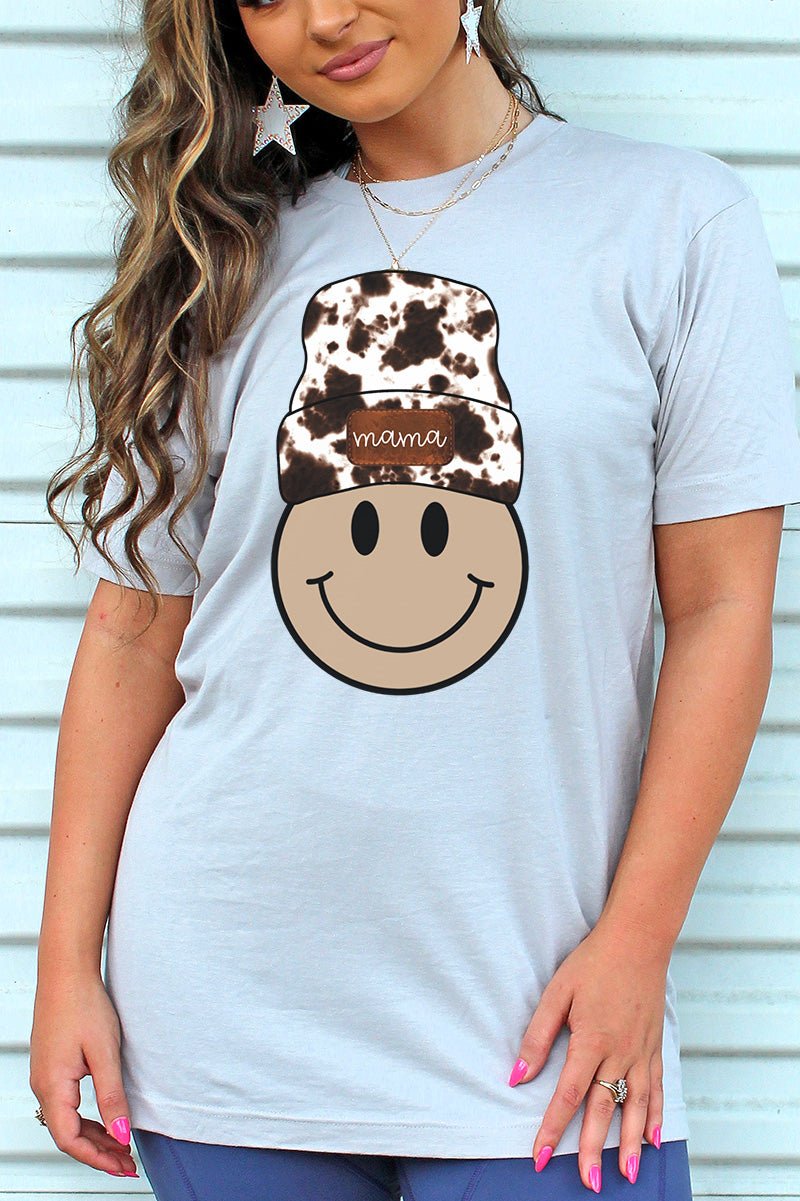 Unisex Cowhide Pattern Beanie Mama Happy Face Graphic Blend T-Shirt