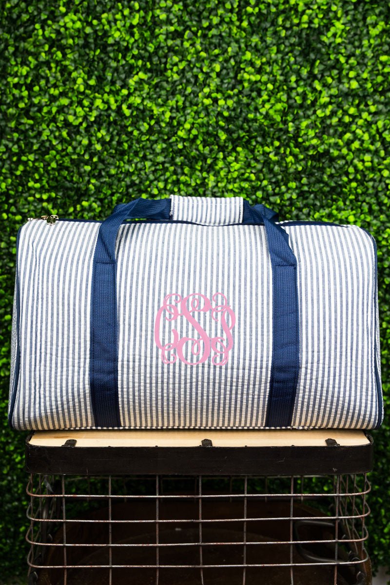 Navy Blue Striped Seersucker Quilted Travel Duffle Bag with 18 - Inch Width