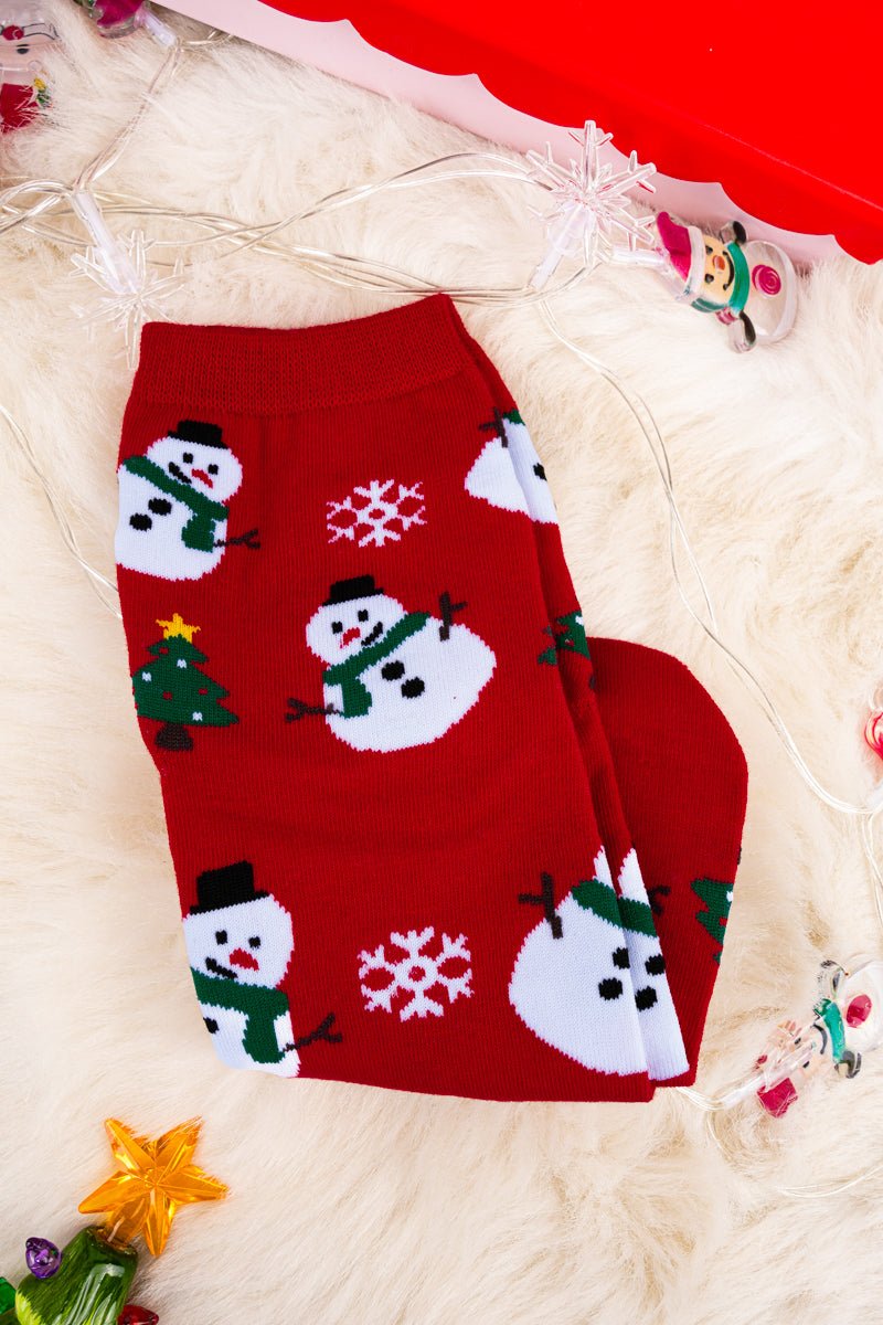Festive Christmas-themed Red Women's Socks for a Snowy Good Time