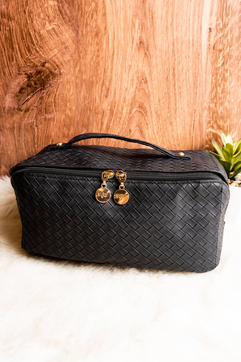 Large Expandable Black Woven NGIL Cosmetic Bag for Morning Readiness
