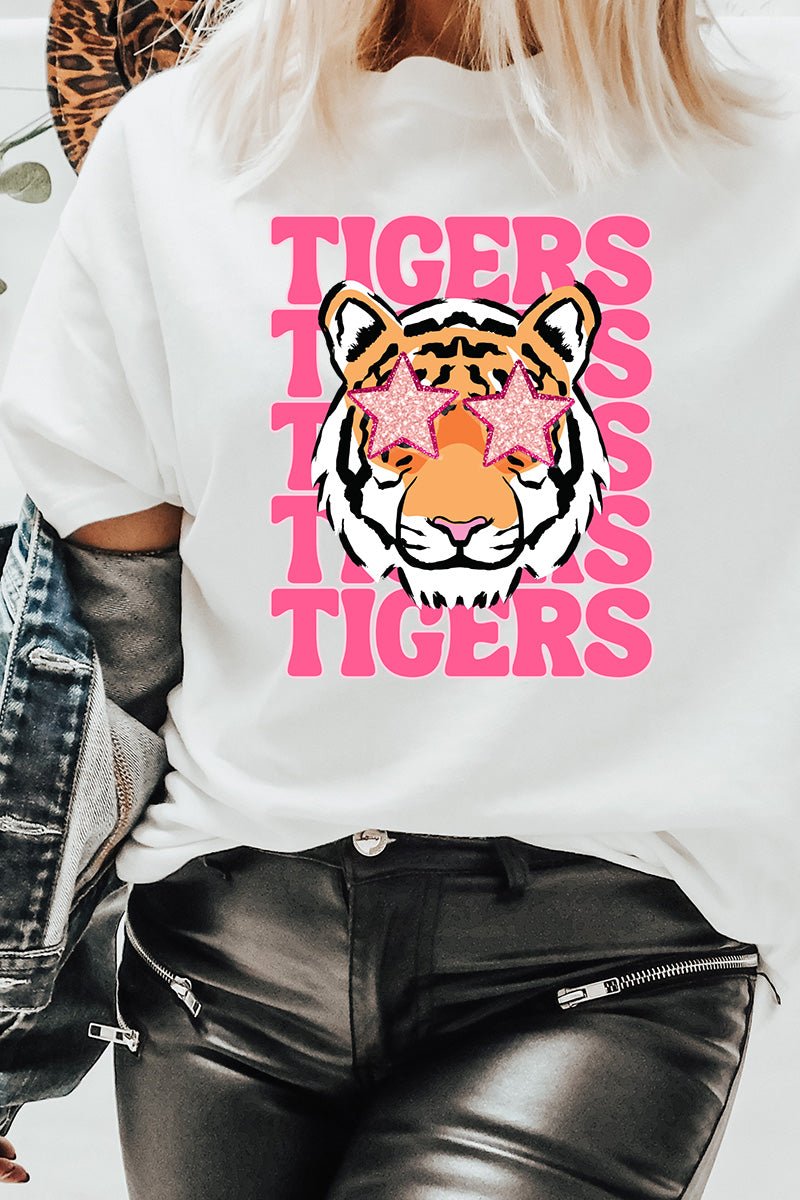 Casual Unisex Short - Sleeve Relaxed - Fit Stacked Pink Tigers Graphic T - Shirt