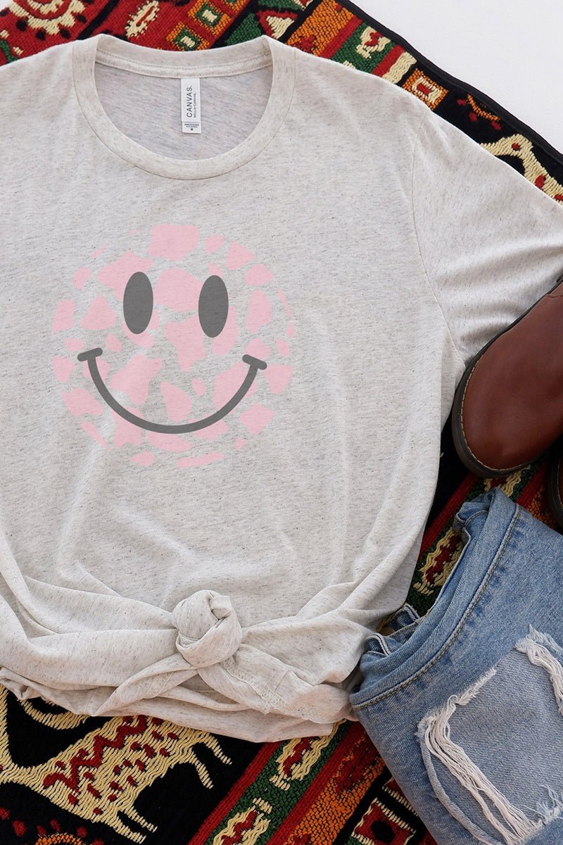 Cow Spots Happy Face Graphic Unisex Tri - Blend Short Sleeve T - Shirt for a Vintage Look